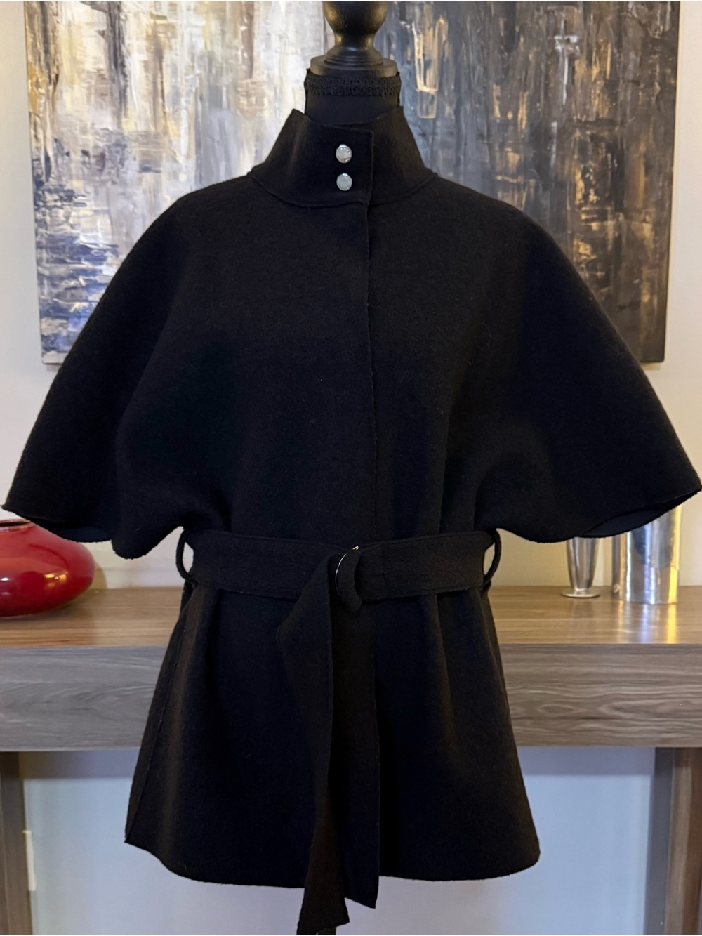 Shan Canada 100% Wool Cape Style Coat Black Belted Poncho Jacket Mock Neck 6
